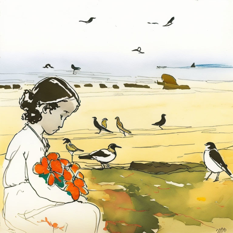 Girl Sitting by Shore with Flowers Watching Birds on Beach