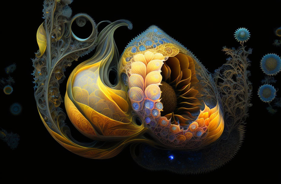 Intricate fractal art: Golden, orange, and blue swirling patterns.