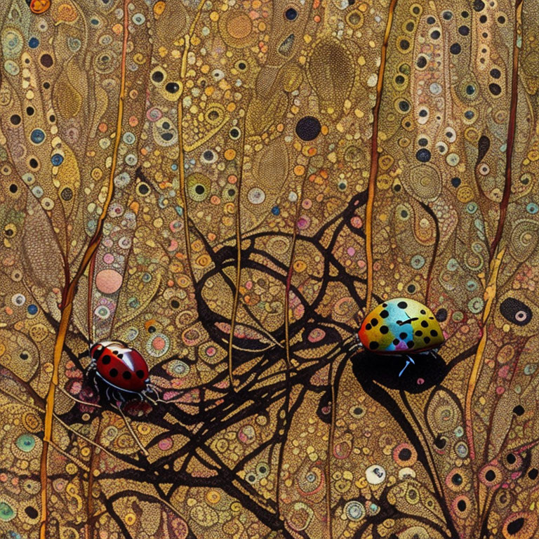 Detailed textured surface with two ladybugs in abstract patterns