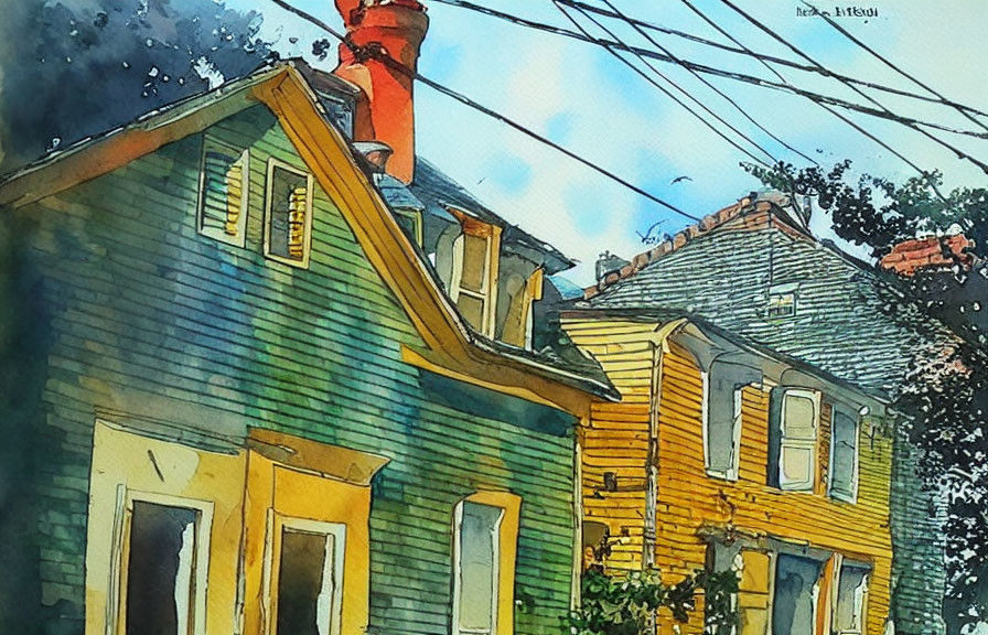 Vibrant watercolor painting: vintage houses, shadows, textures, blue sky.