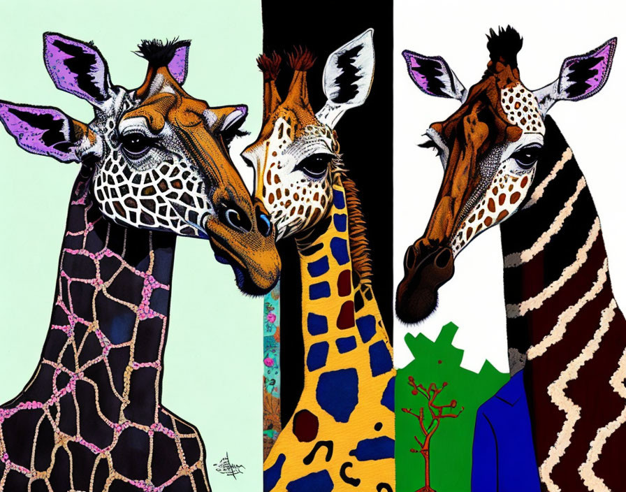 Three stylized giraffes with unique patterns on multicolored background