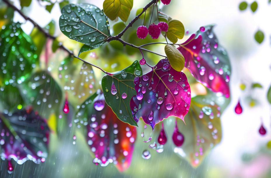 Vibrant rain-soaked leaves with blurred green backdrop