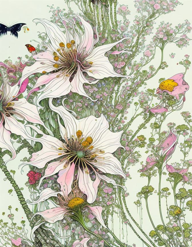 Detailed botanical illustration: white flowers, intricate centers, green foliage, fluttering butterflies