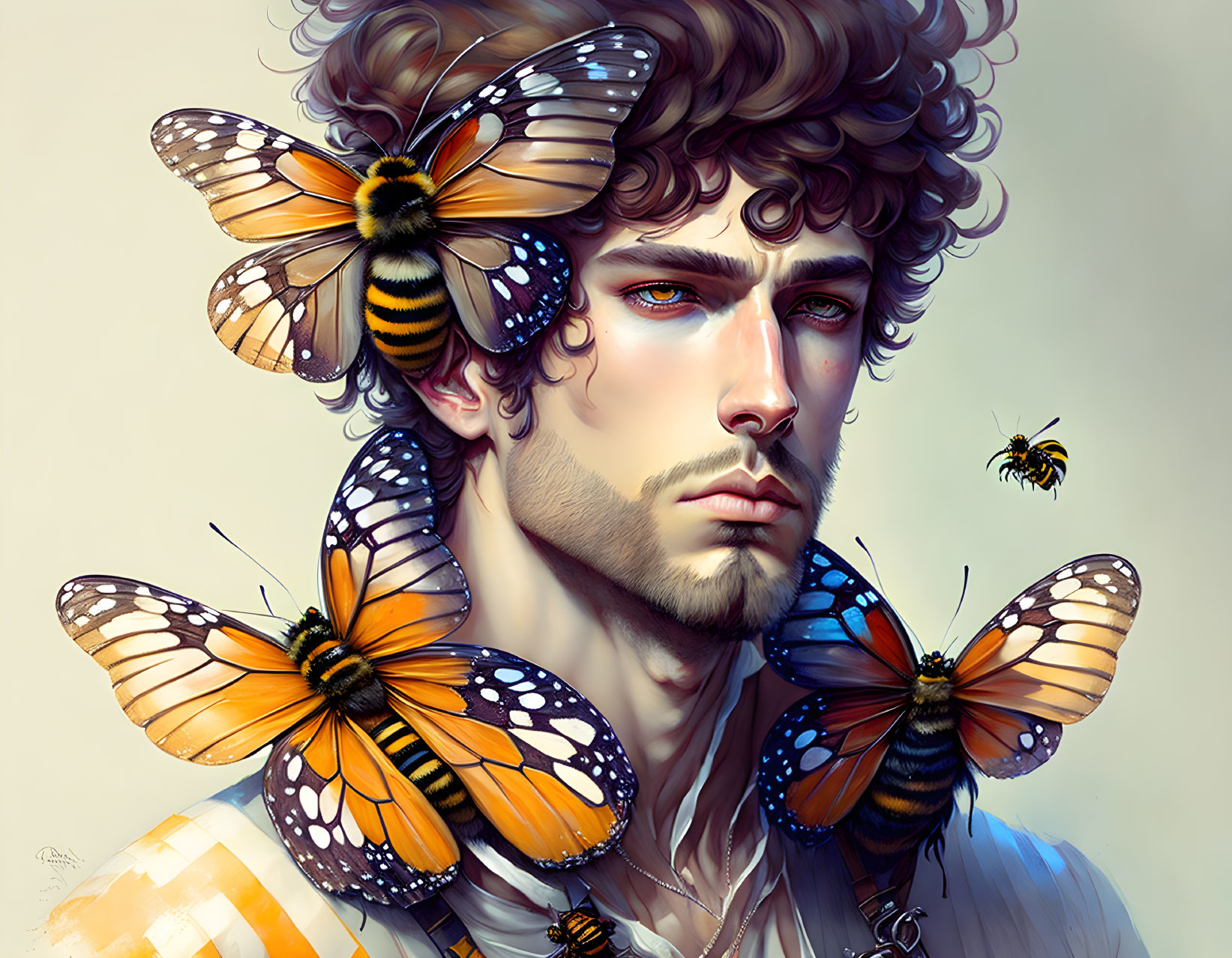 Man with Curly Hair and Blue Eyes Amid Colorful Butterflies and Bee