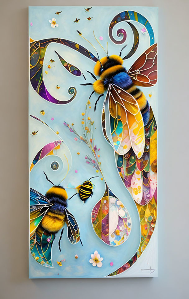 Colorful painting with bees, flowers, and whimsical patterns in pastel hues