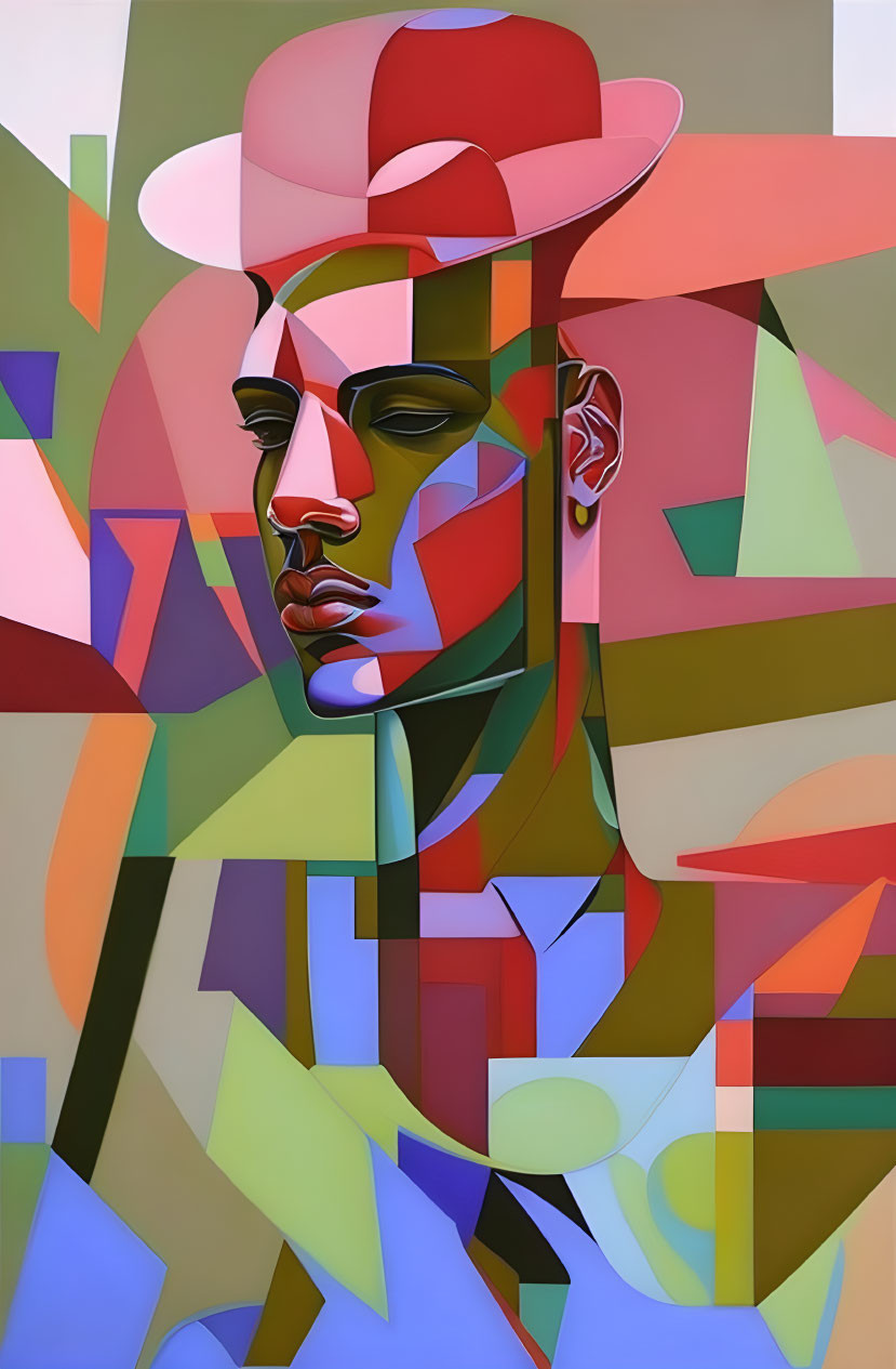 Abstract Cubist Painting: Colorful Geometric Shapes Forming Person with Hat