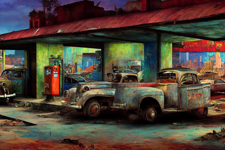 Abandoned Gas Station Artwork with Vintage Cars and Cityscape Sky