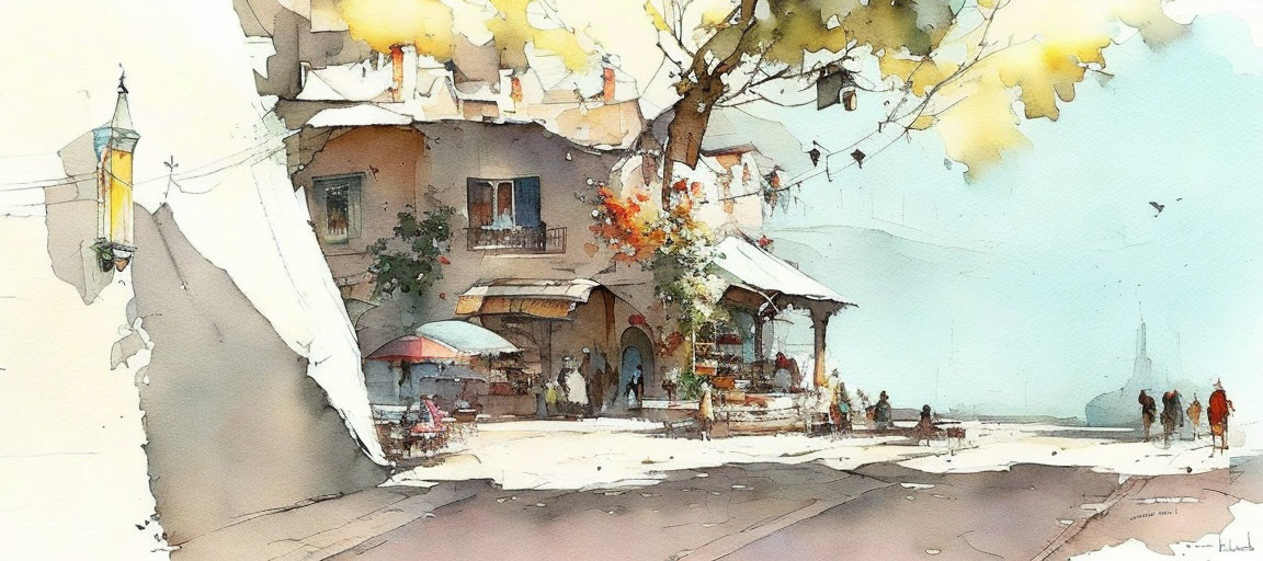 Tranquil watercolor street scene with quaint buildings and figures
