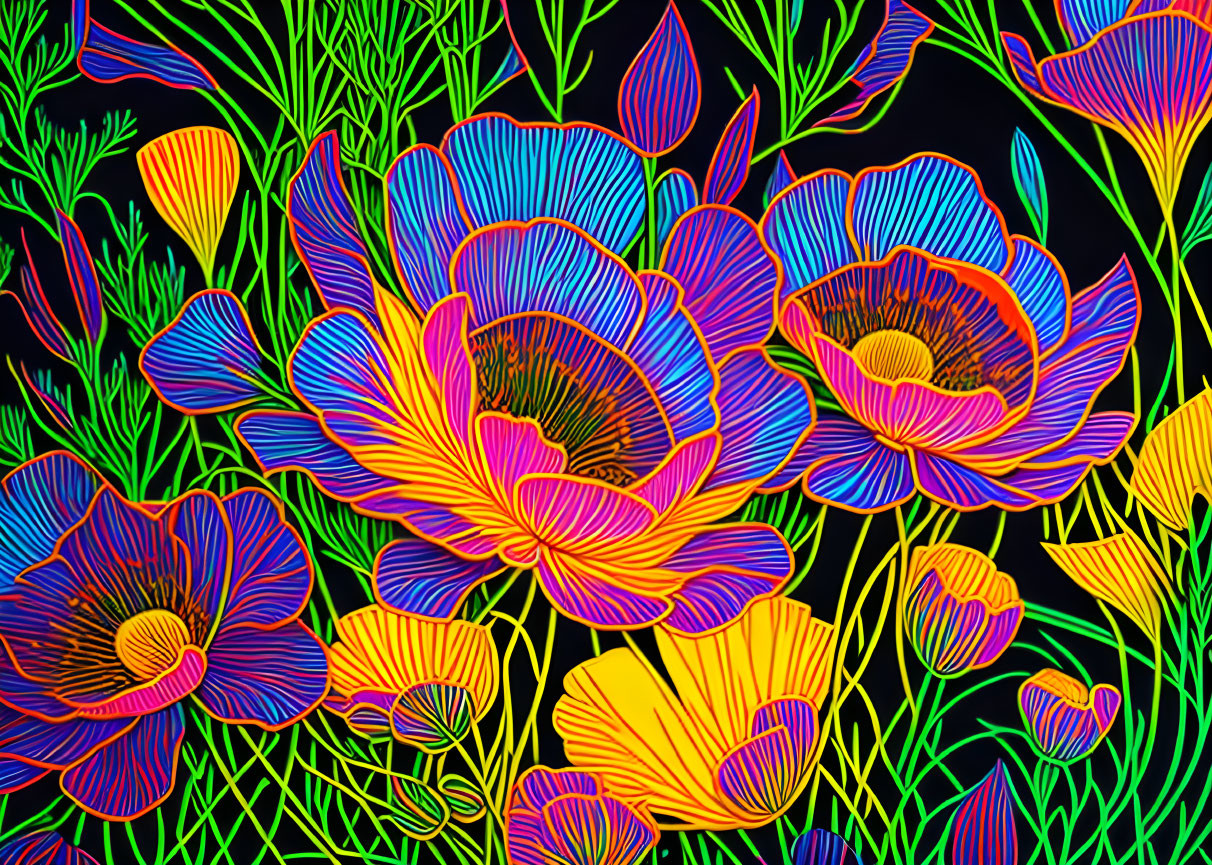 Colorful Neon Flowers and Foliage on Dark Background