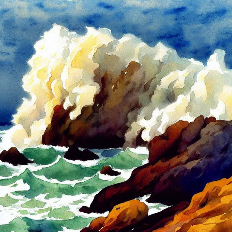 Mighty ocean wave crashing on rocky shores in vibrant watercolor