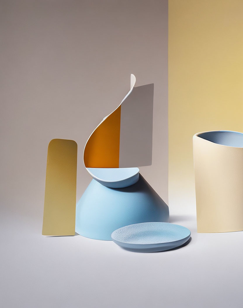 Abstract geometric shapes in pastel colors with deconstructed blue vase