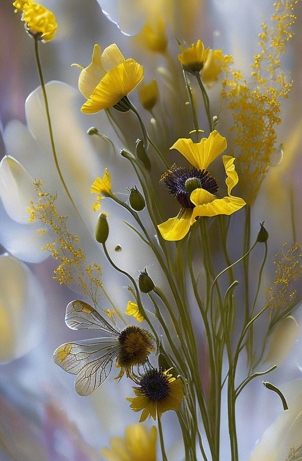 Yellow Wildflowers and Insect Wings in Soft Light