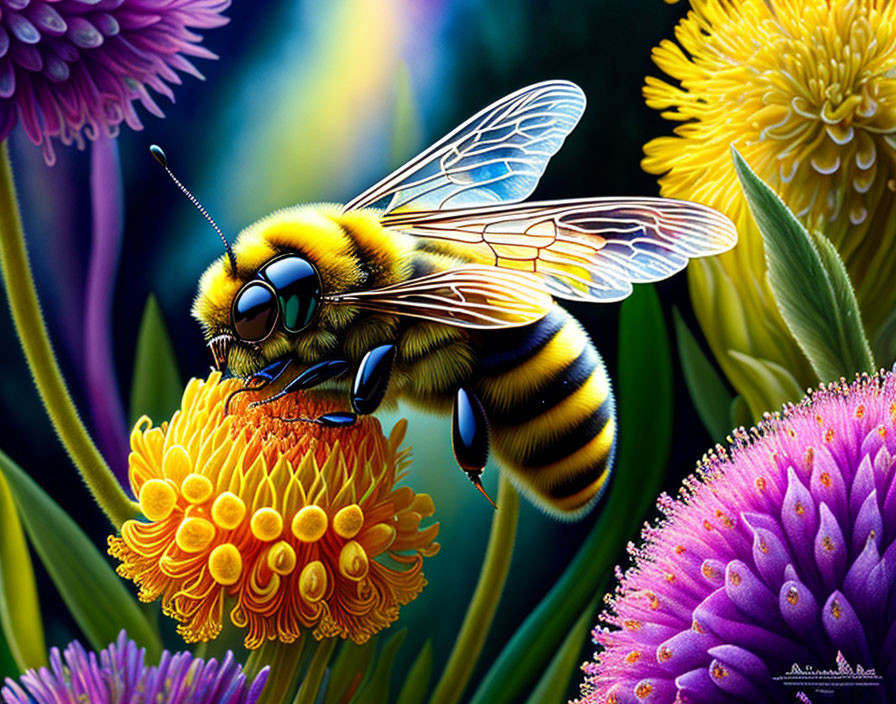 Detailed Illustration of Bee Collecting Pollen on Yellow Flower