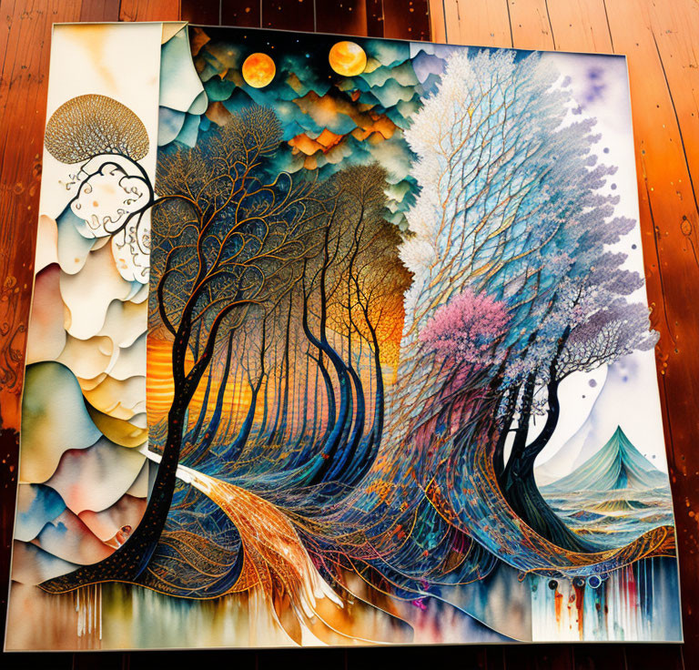 Colorful surreal artwork: Stylized trees, moons, starry sky