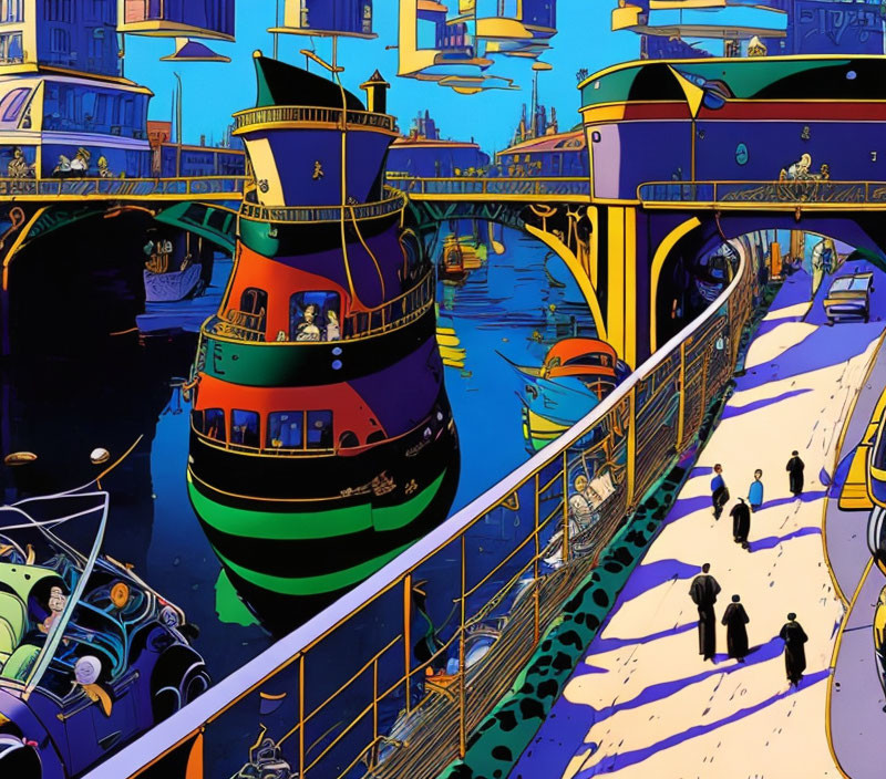Colorful futuristic harbor scene with boats and pedestrians at night