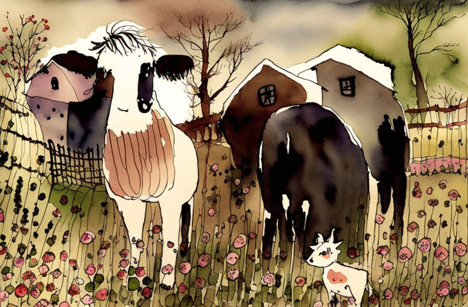 Colorful illustration of cows, calf, flowers, and abstract houses in a whimsical field.