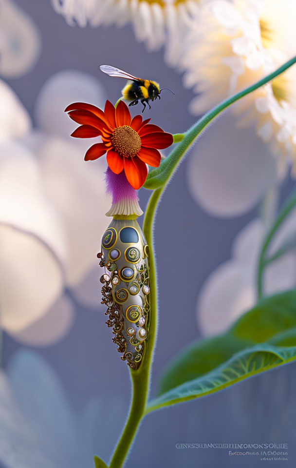 Digital Composition of Mechanical Flower Stem with Vibrant Red and Yellow Flower, Gear Details, Bumblebee