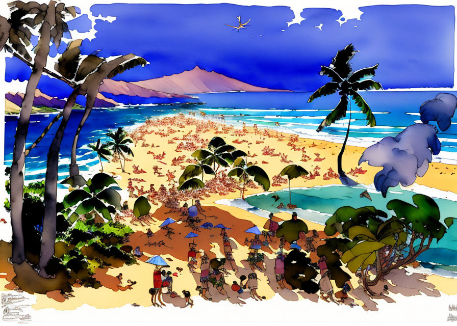 Vibrant beach scene with umbrellas, palm trees, sea, mountains, and plane