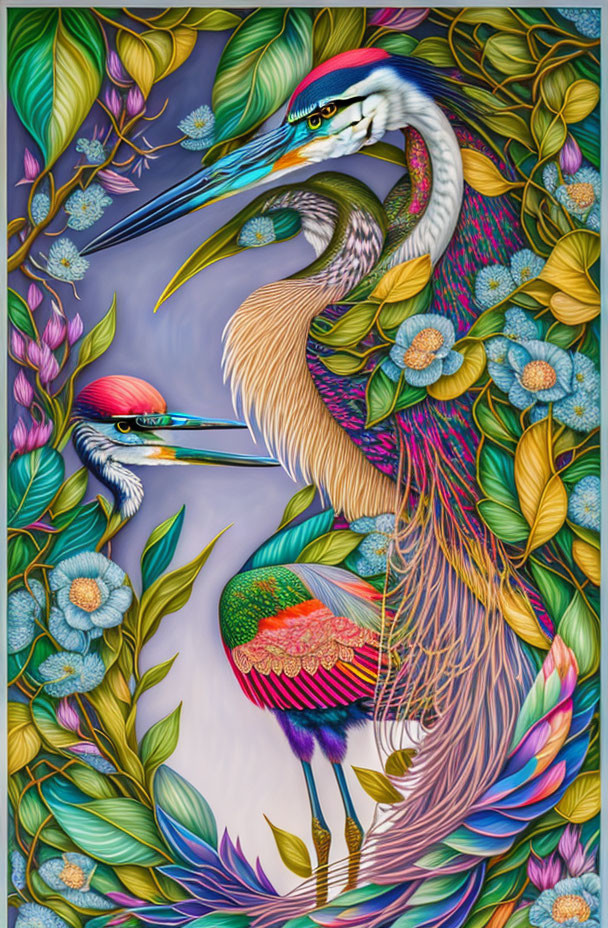 Colorful artwork: Two stylized herons in lush floral setting