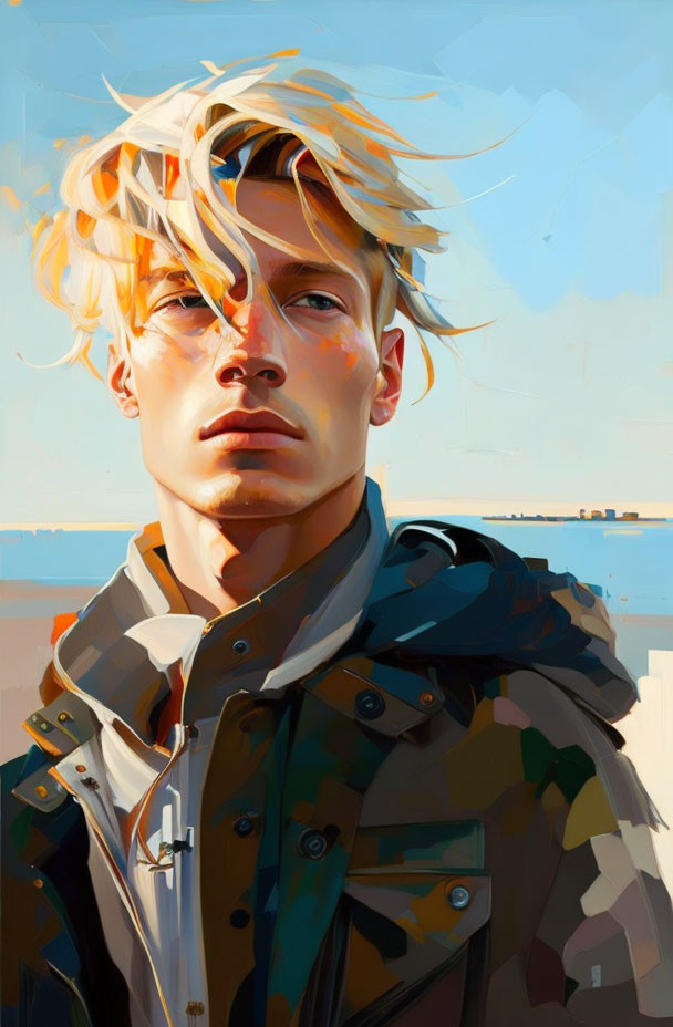 Stylized portrait of young man with blonde hair in camo jacket by serene sea