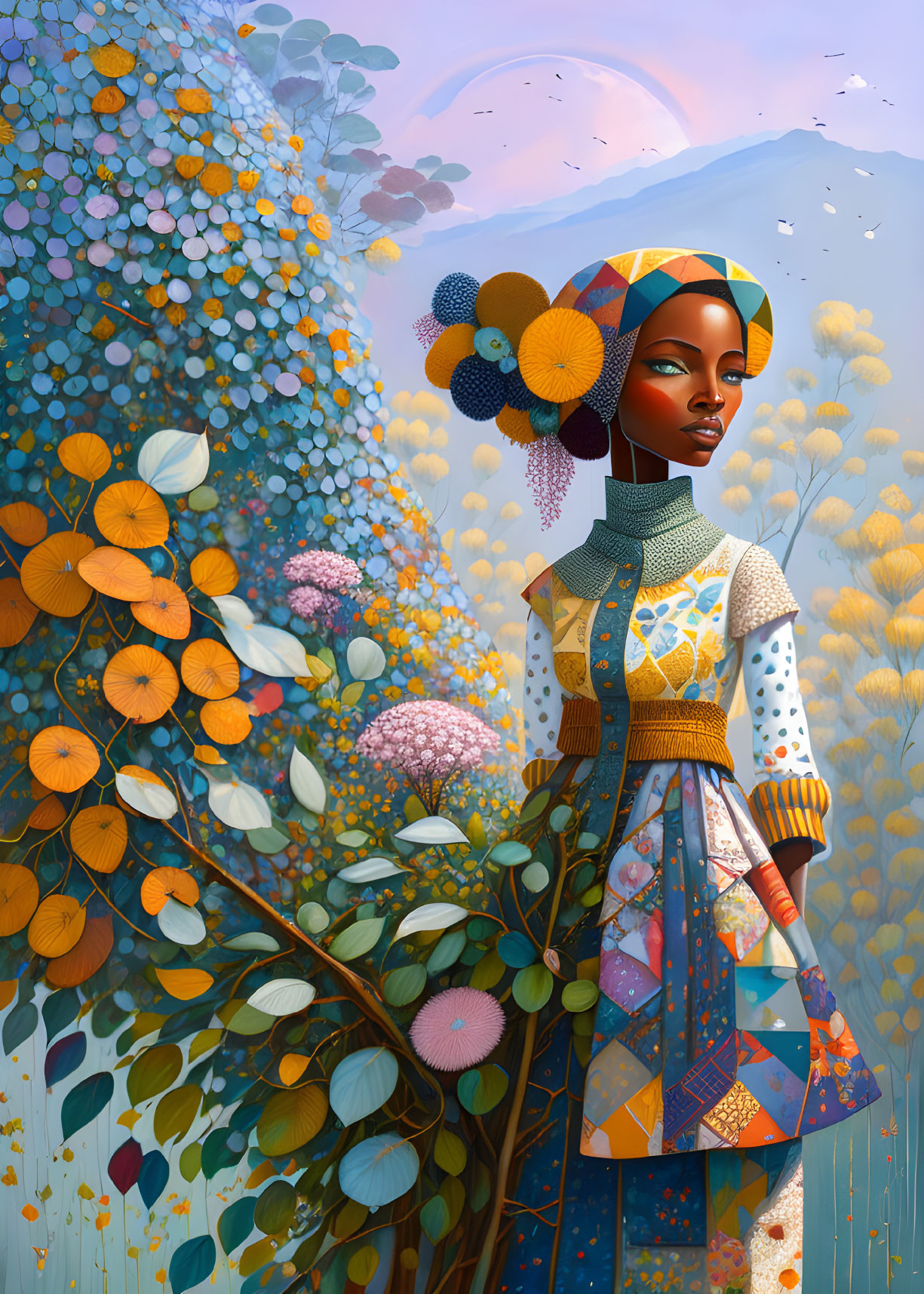 Colorful Patchwork Dress Woman Illustration Among Vibrant Flora and Balloons