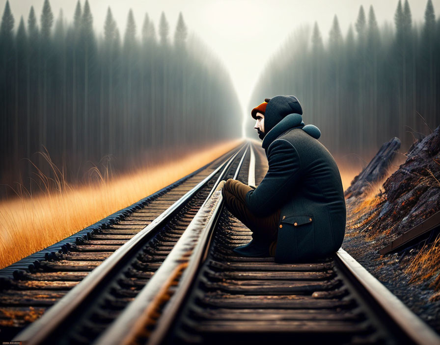 Person in Warm Clothing Contemplating on Railroad Track