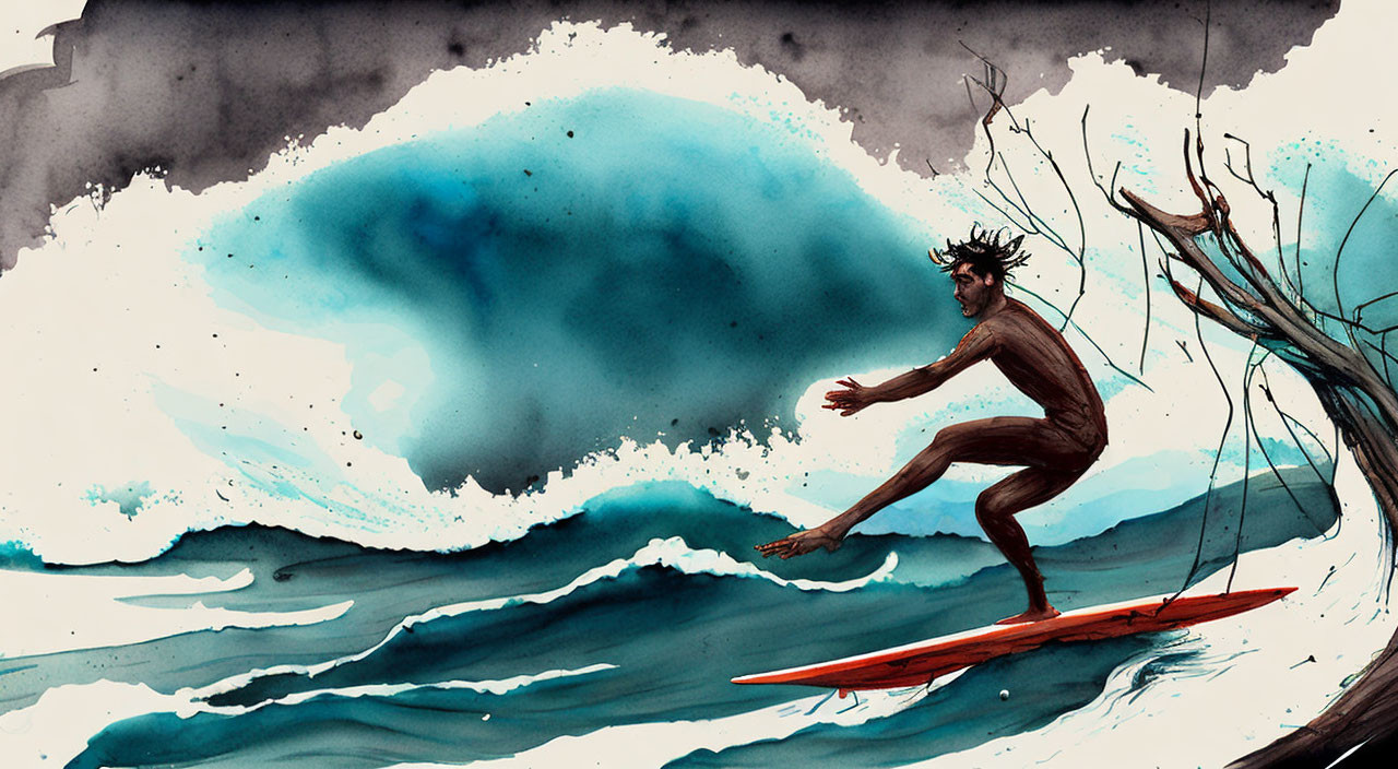 Surfer riding wave with dramatic sky and bare tree in stylized art