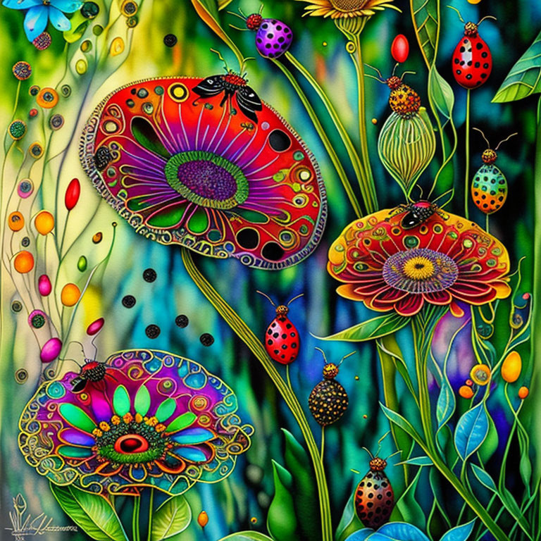 Colorful whimsical flower illustration with ladybugs and butterflies on dark background