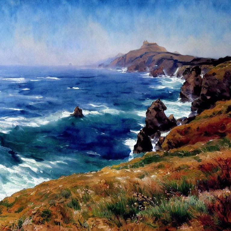 Scenic coastal landscape with blue sea, rocky cliffs, greenery, and distant mountain.