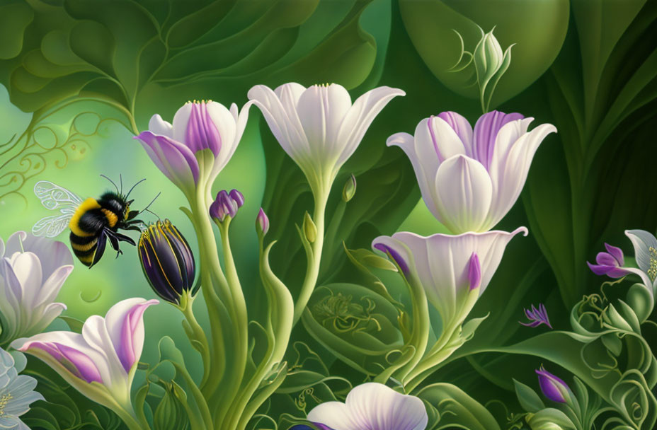 Colorful digital artwork: Bumblebee near white and purple flowers in lush garden
