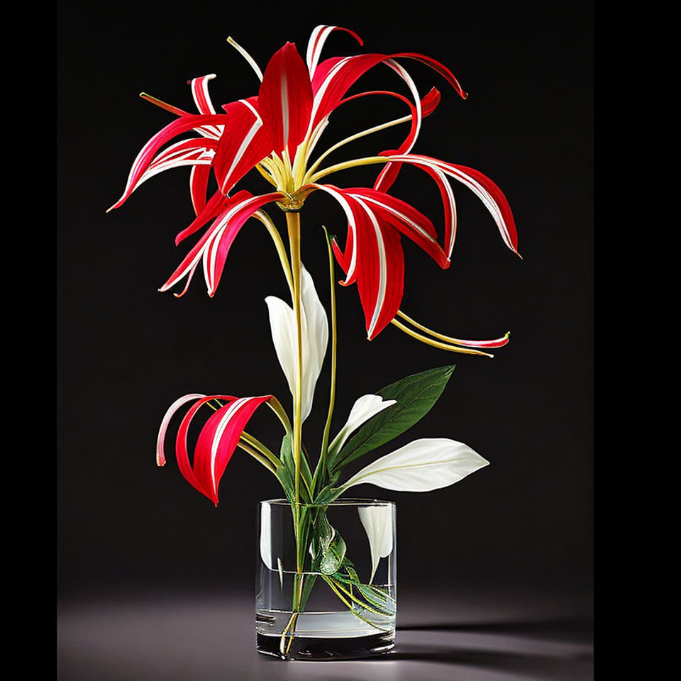 Red and white lilies in clear glass vase on dark background