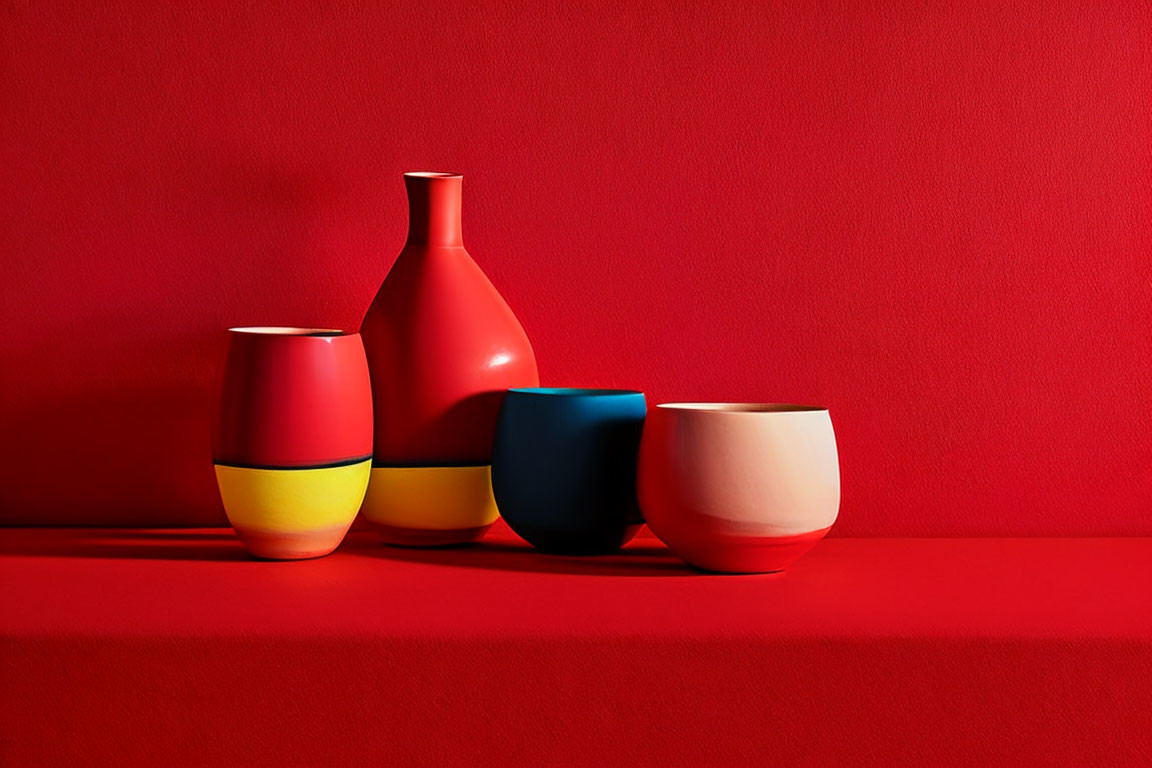 Colorful Modern Vases and Bowls on Vibrant Red Background