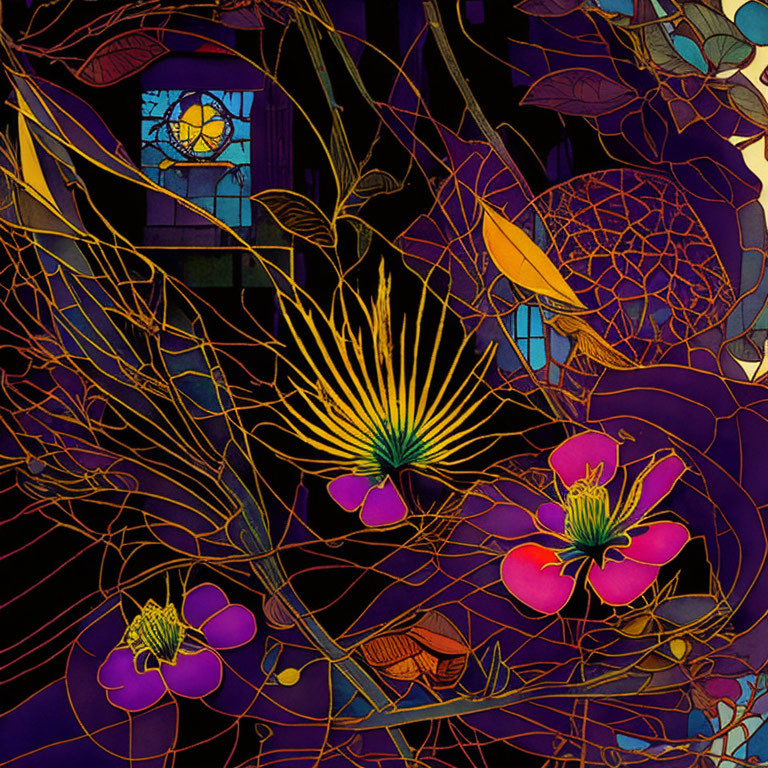 Colorful Floral Stained Glass Illustration on Dark Background
