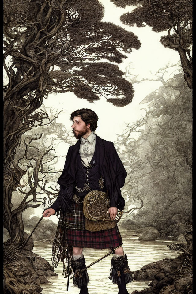 Traditional Scottish Attire Man in Misty Forest Landscape