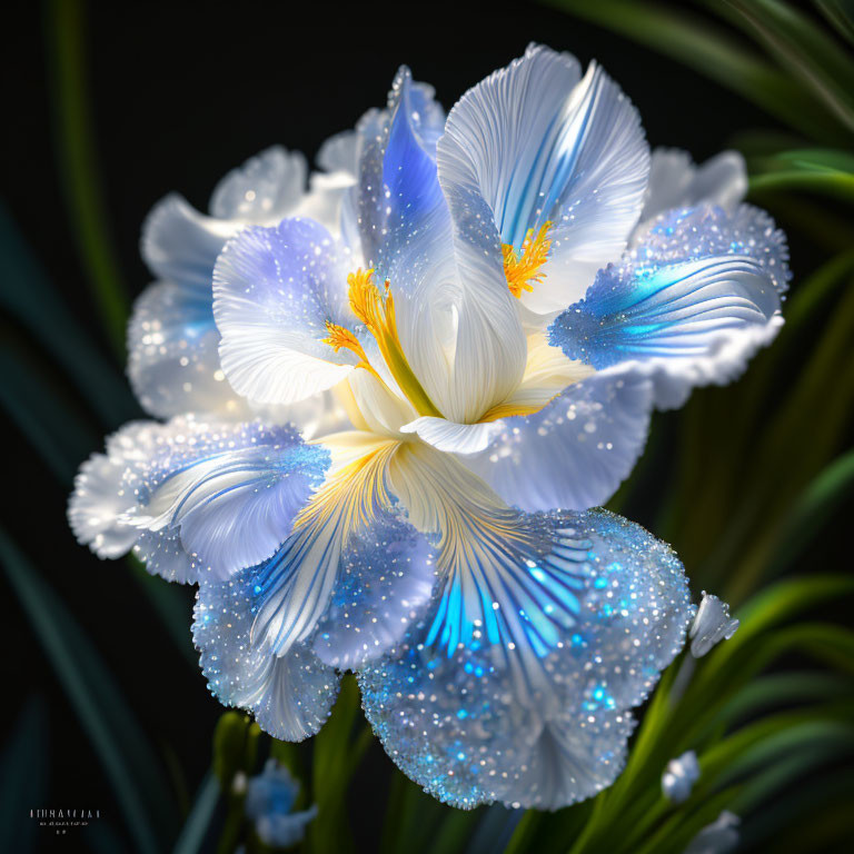 White Iris with Blue Petals and Yellow Accents in Sparkling Water Droplets