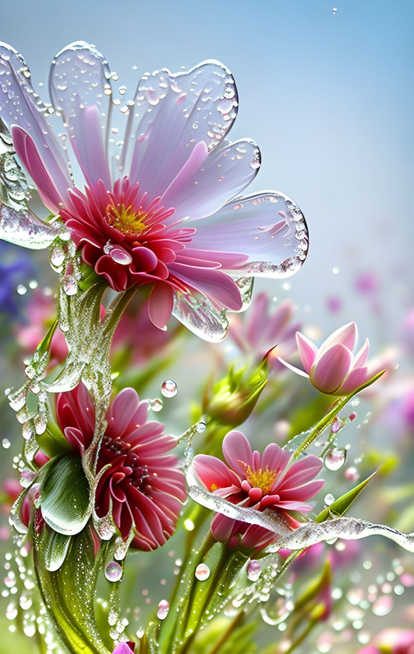 Bright pink flowers with water droplets on petals against soft floral backdrop