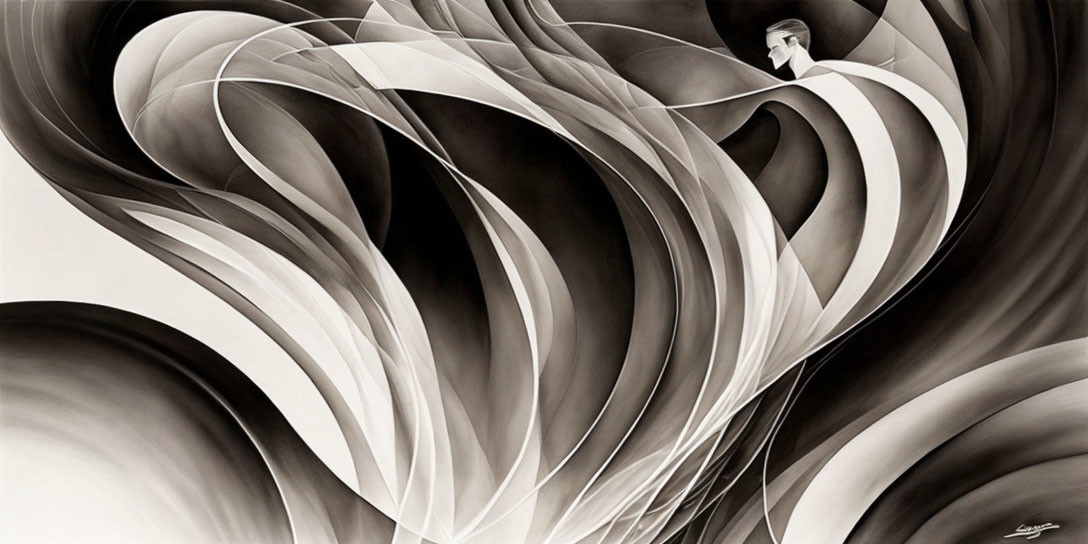 Fluid Monochrome Art: Abstract Waves and Shapes with Small Figure