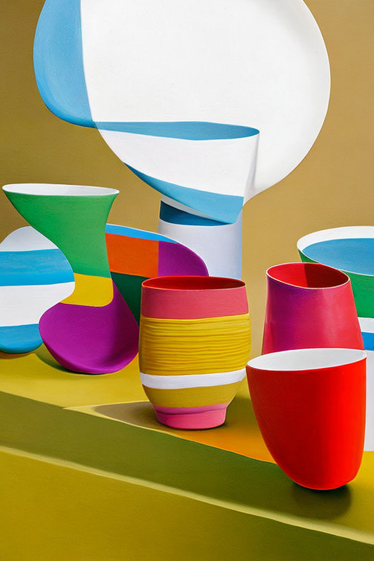 Vibrant abstract paper art with vase-like shapes on colorful backdrop