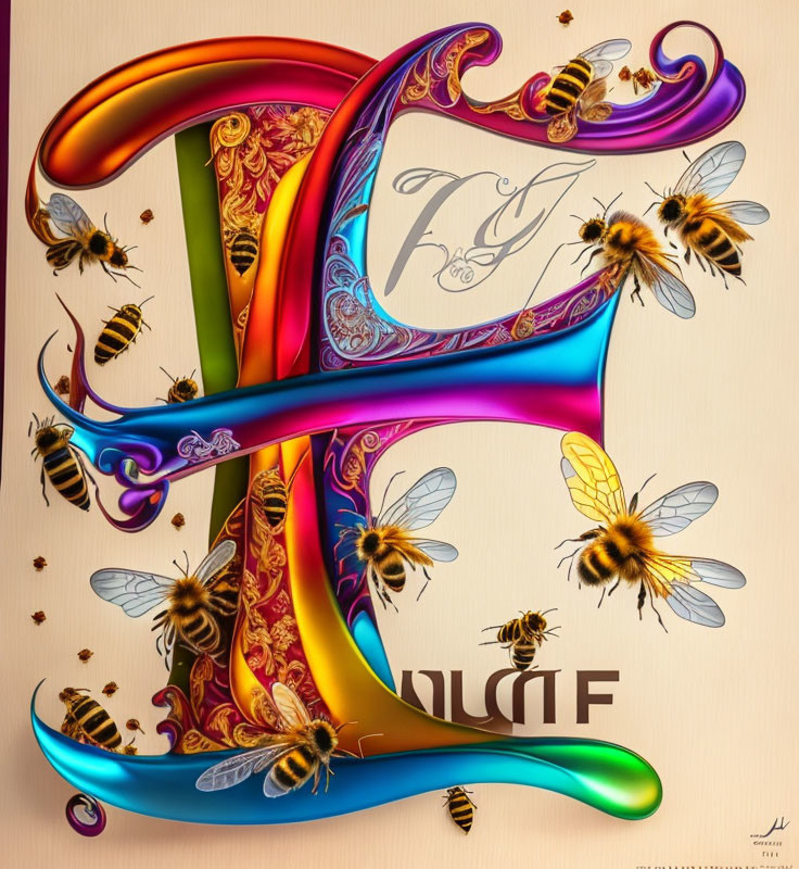 Intricate patterns on colorful letter "E" with flying bees on warm background
