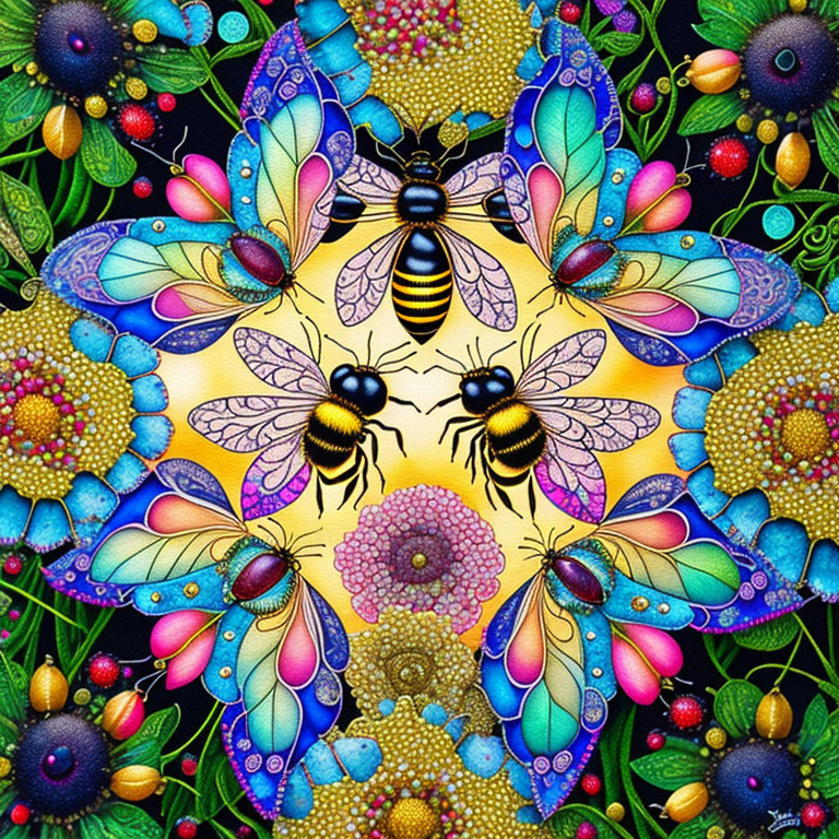 Symmetrical, colorful artwork with bees, butterflies, and flowers