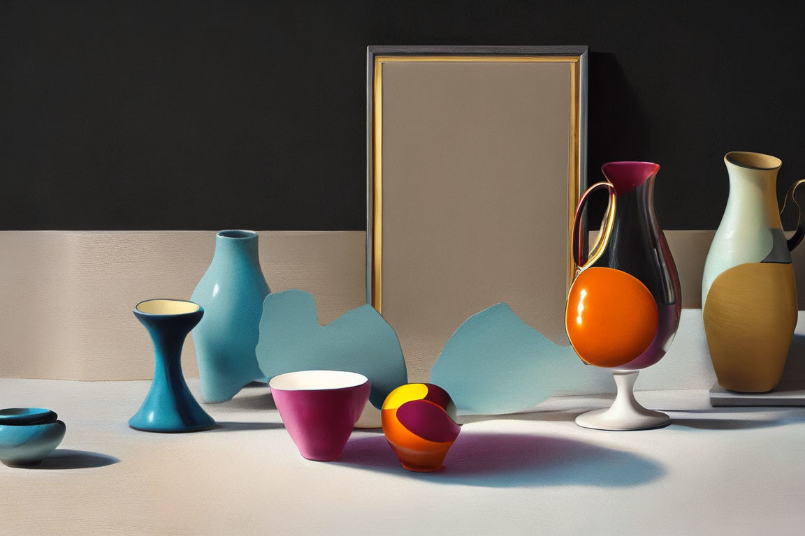 Assorted colorful vases and bowls on table with shadow silhouette