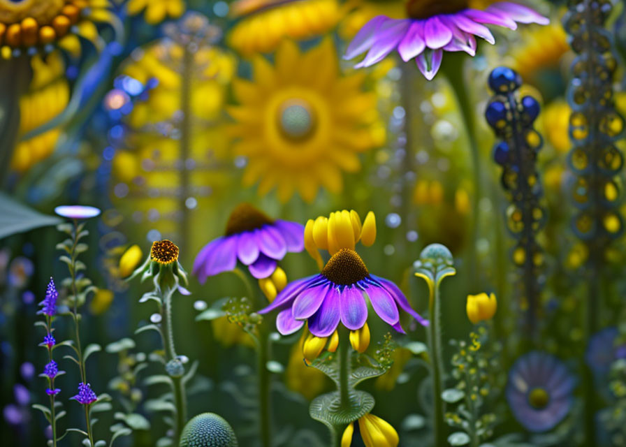 Colorful Garden with Sunflowers, Coneflowers, and Green Plants