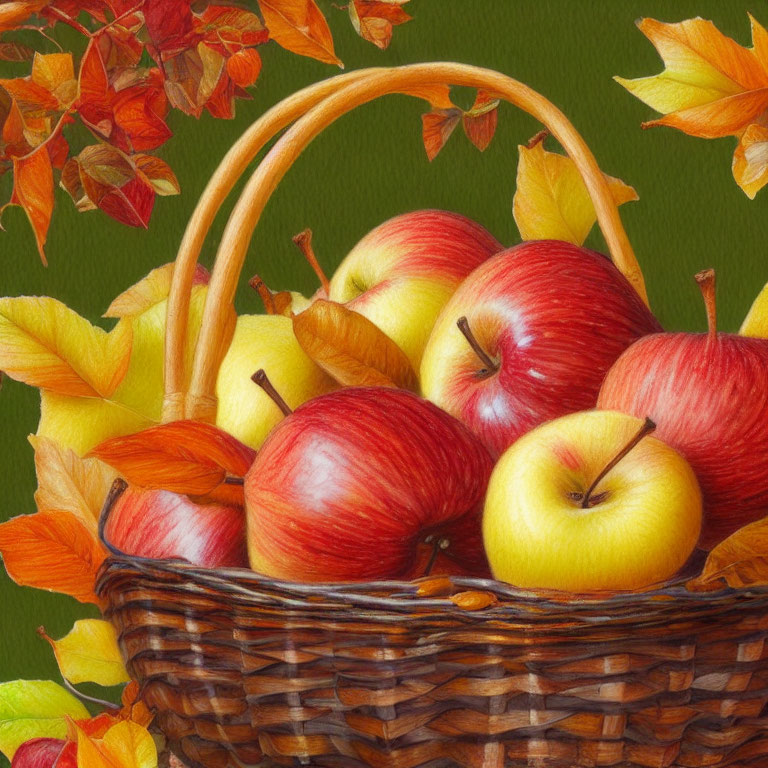 Wicker Basket with Red and Yellow Apples Amid Autumn Leaves