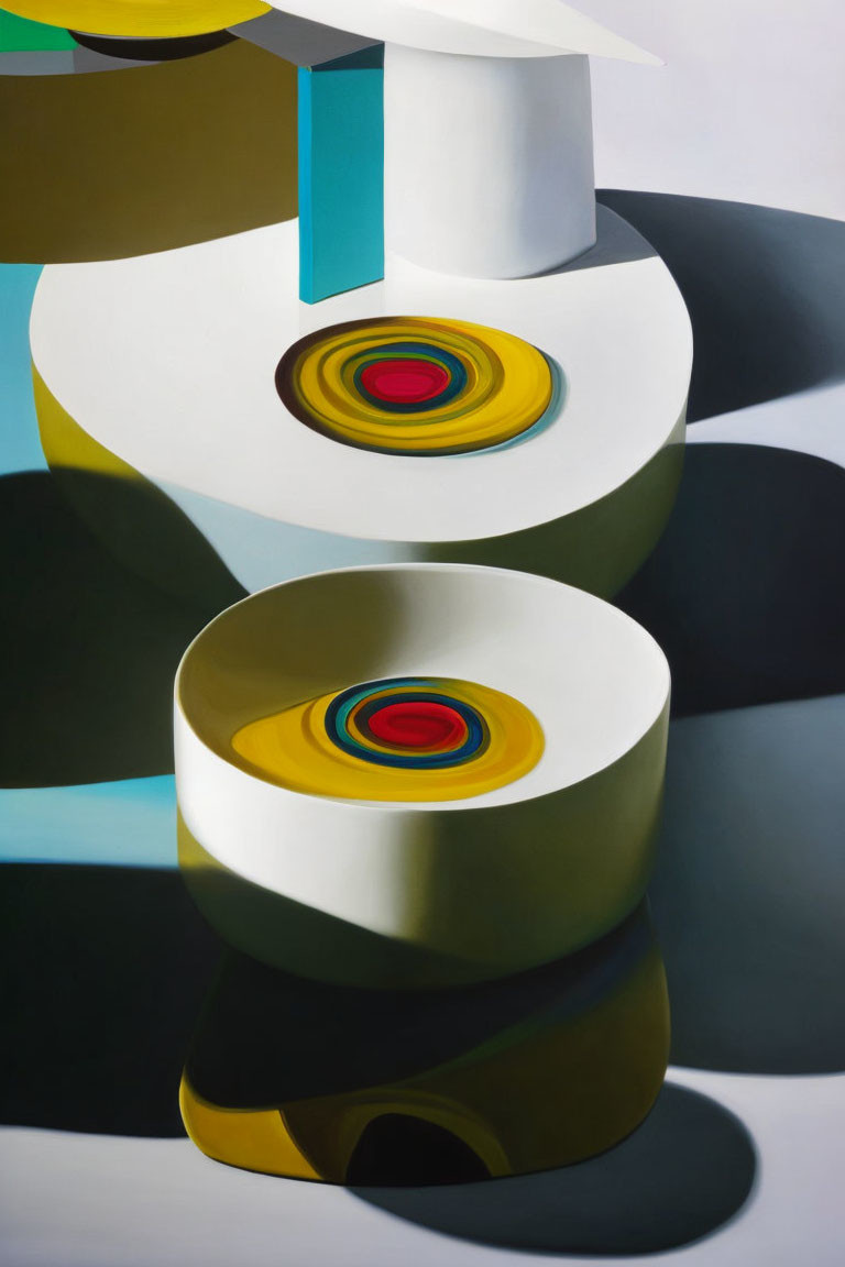 Layered geometric shapes in abstract painting with circular patterns and concentric rings.