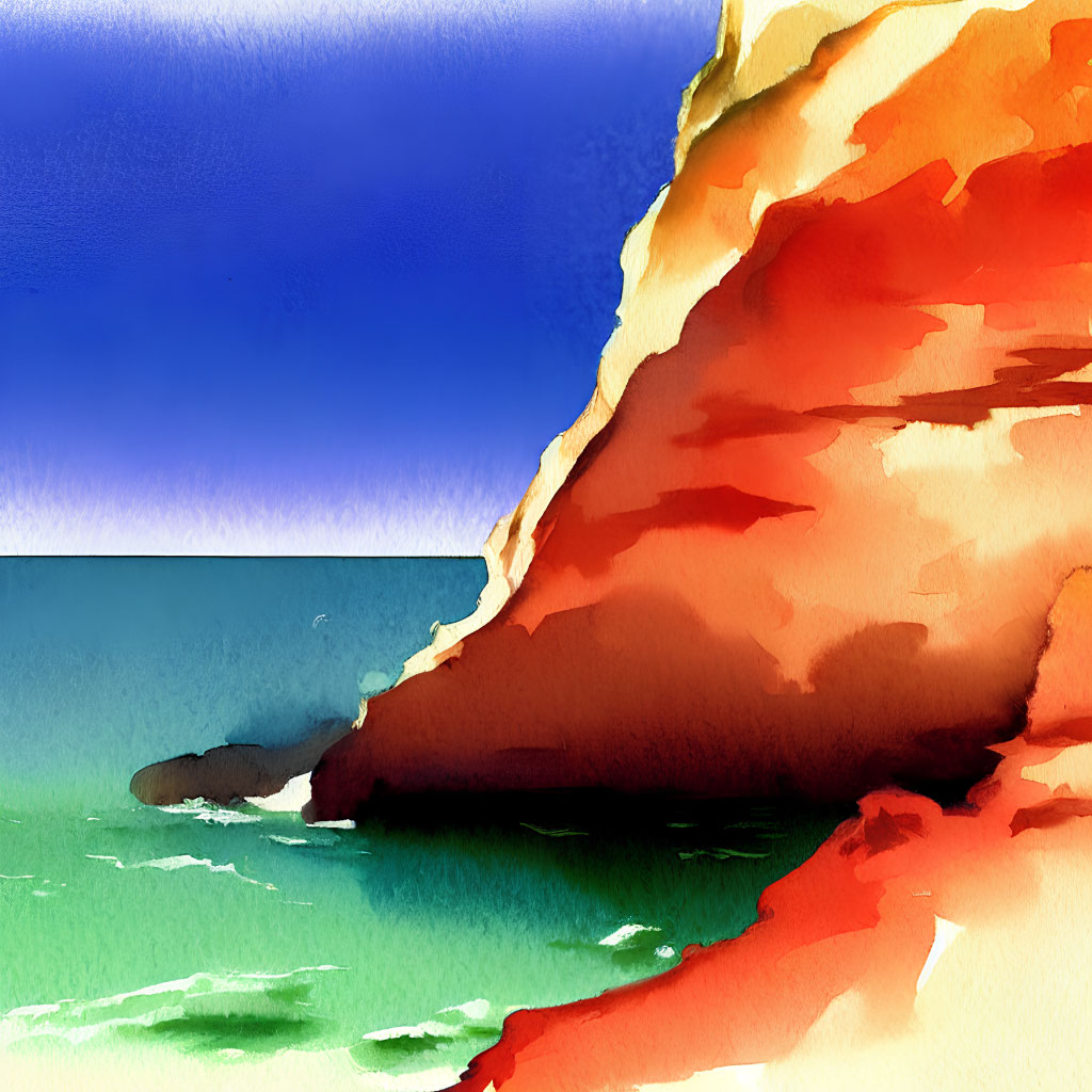 Colorful Watercolor Painting: Coastal Landscape with Red Cliff, Blue Sky, Turquoise Sea