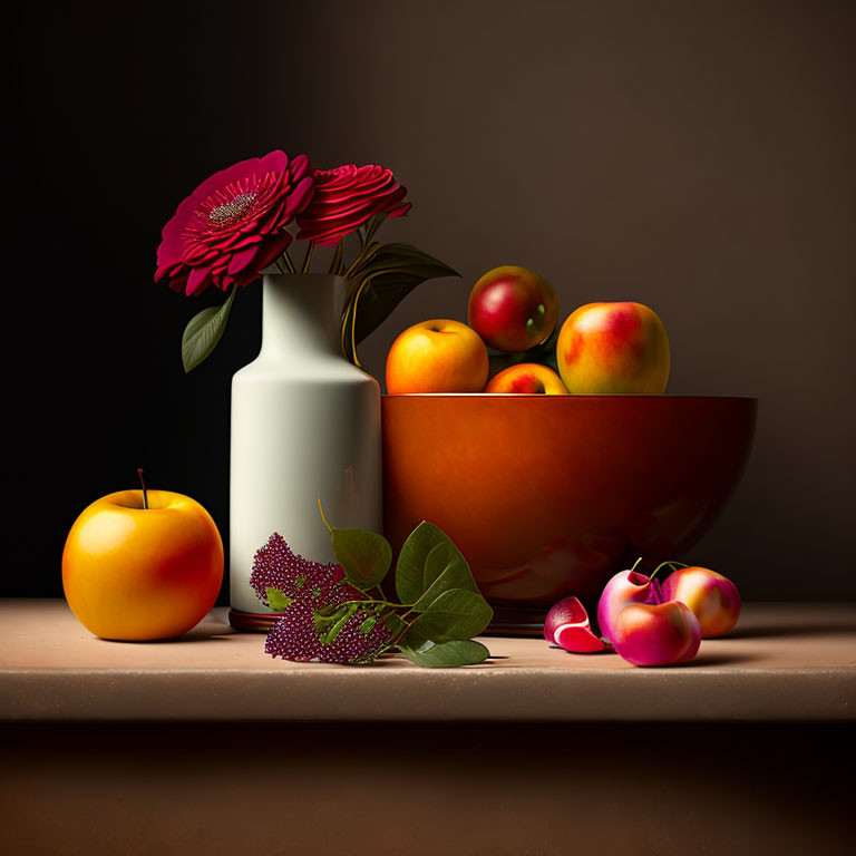 Red rose, mixed fruits, and scattered apples in still life composition