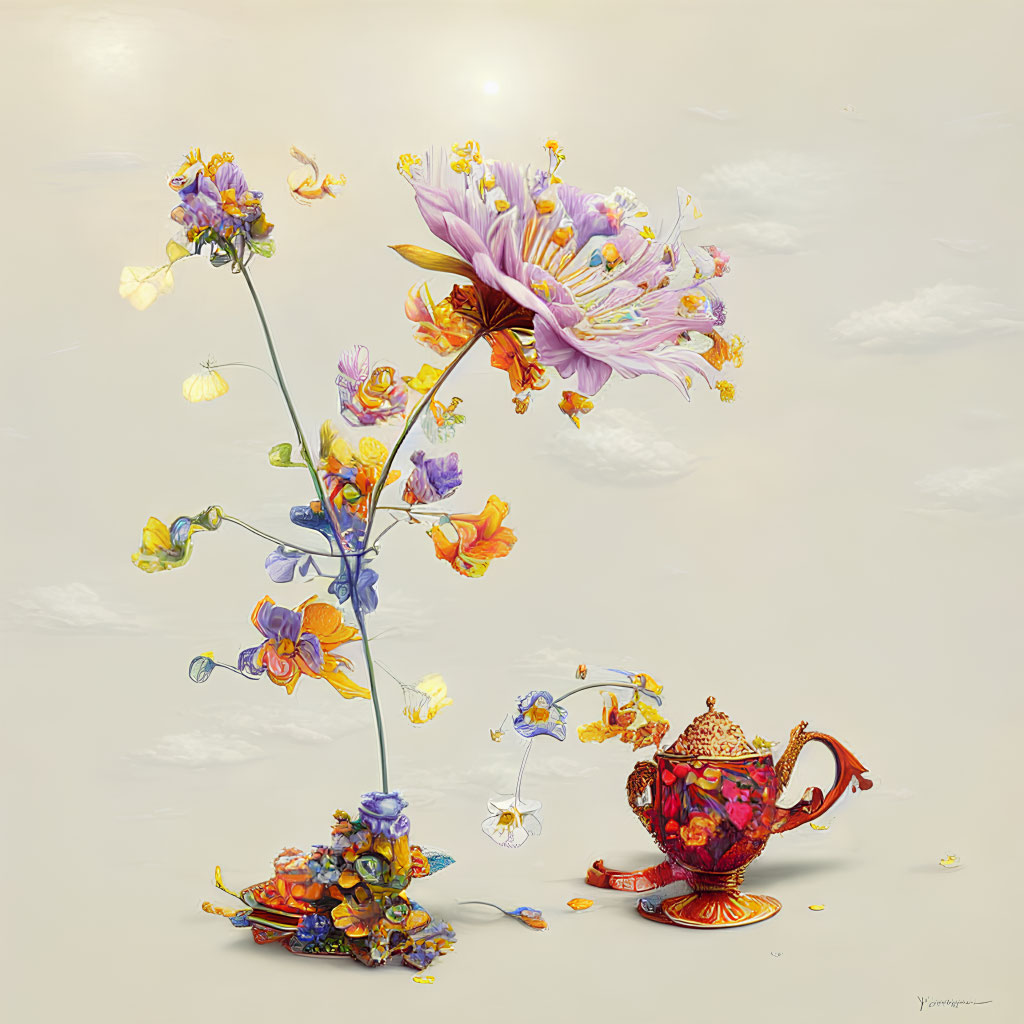 Colorful Flower Teapot Artwork on Beige Background