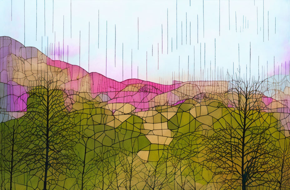 Colorful Abstract Landscape with Layered Hills and Bare Trees