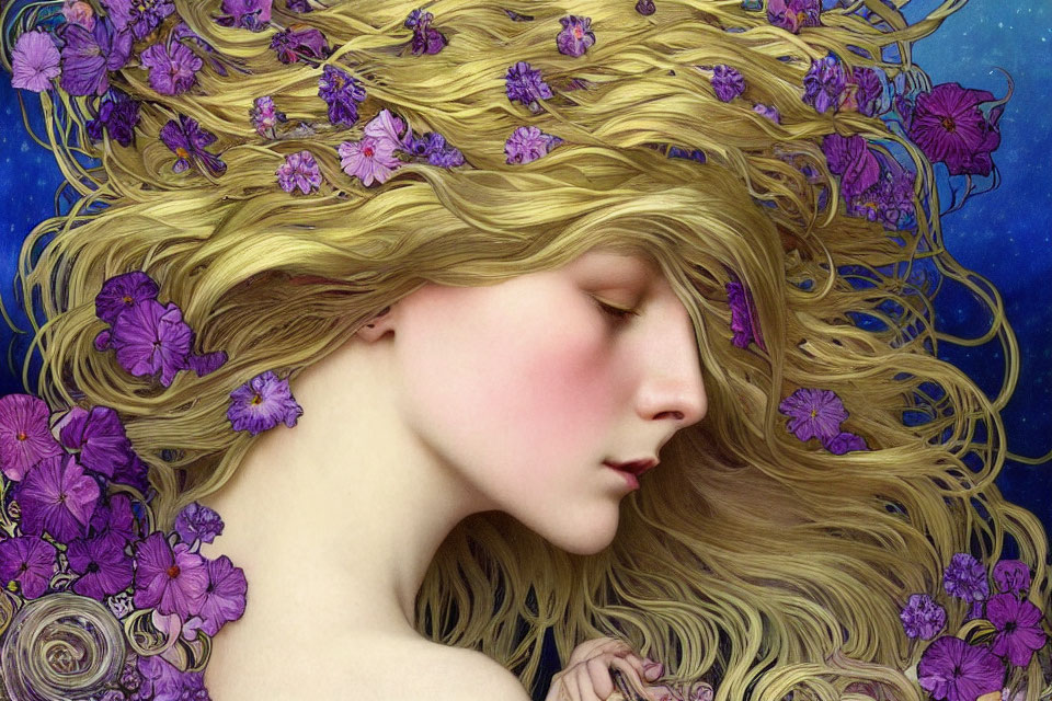 Woman with Golden Hair and Purple Flowers in Starry Night Sky