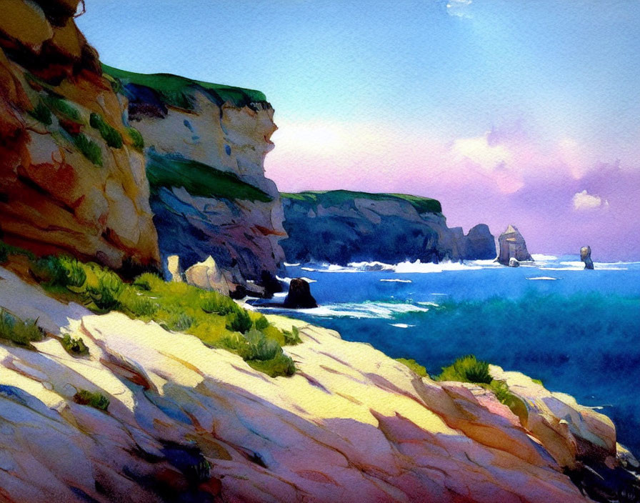 Scenic Watercolor Painting of Rugged Coastline